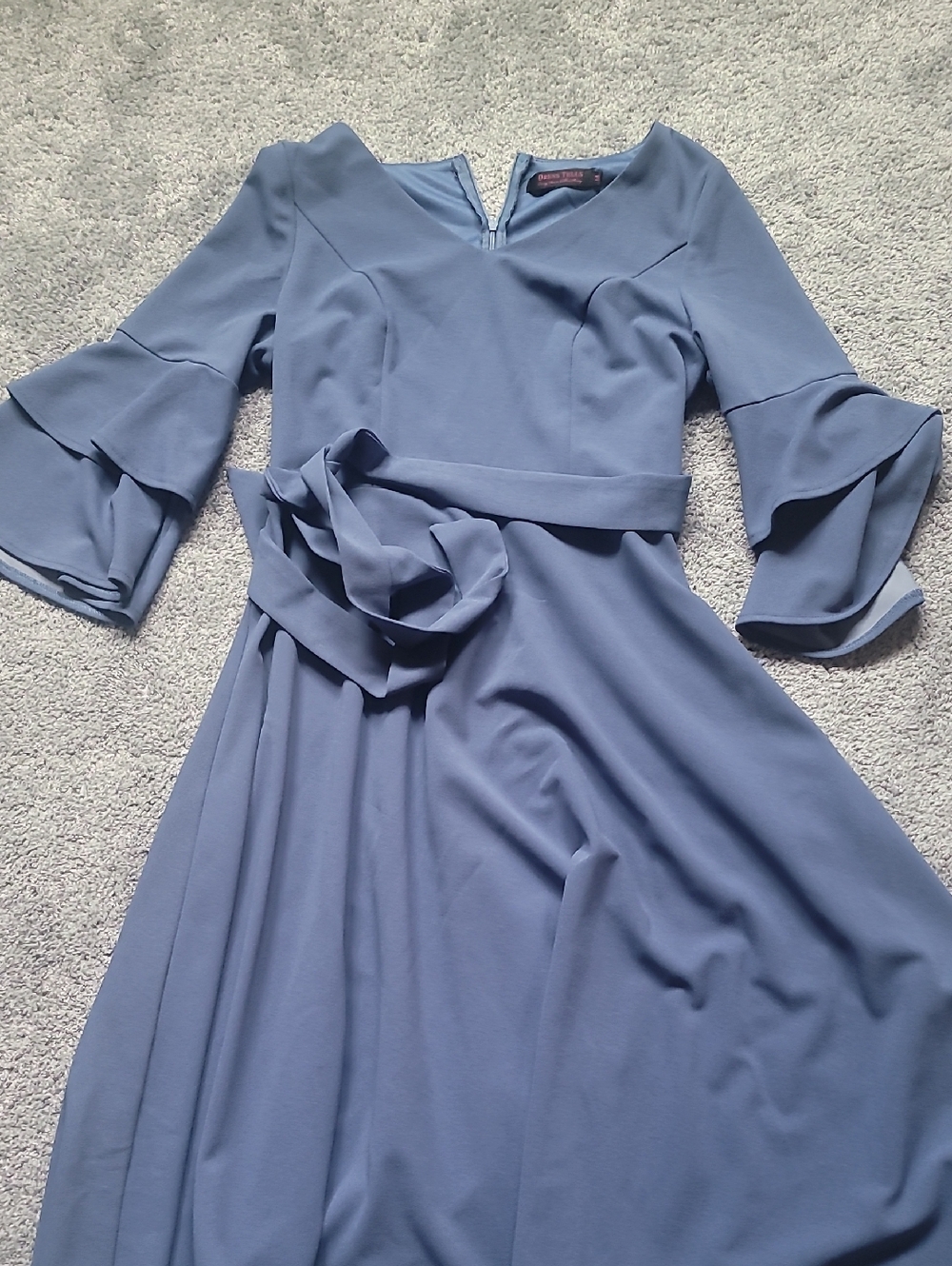 Blue Ruffle-Sleeve Tie-Waist Midi Dress